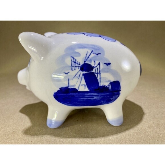 Vtg Hand Painted Delft Blue Small Piggy Coin Bank Holland Collectible w/ Stopper - Picture 10 of 10